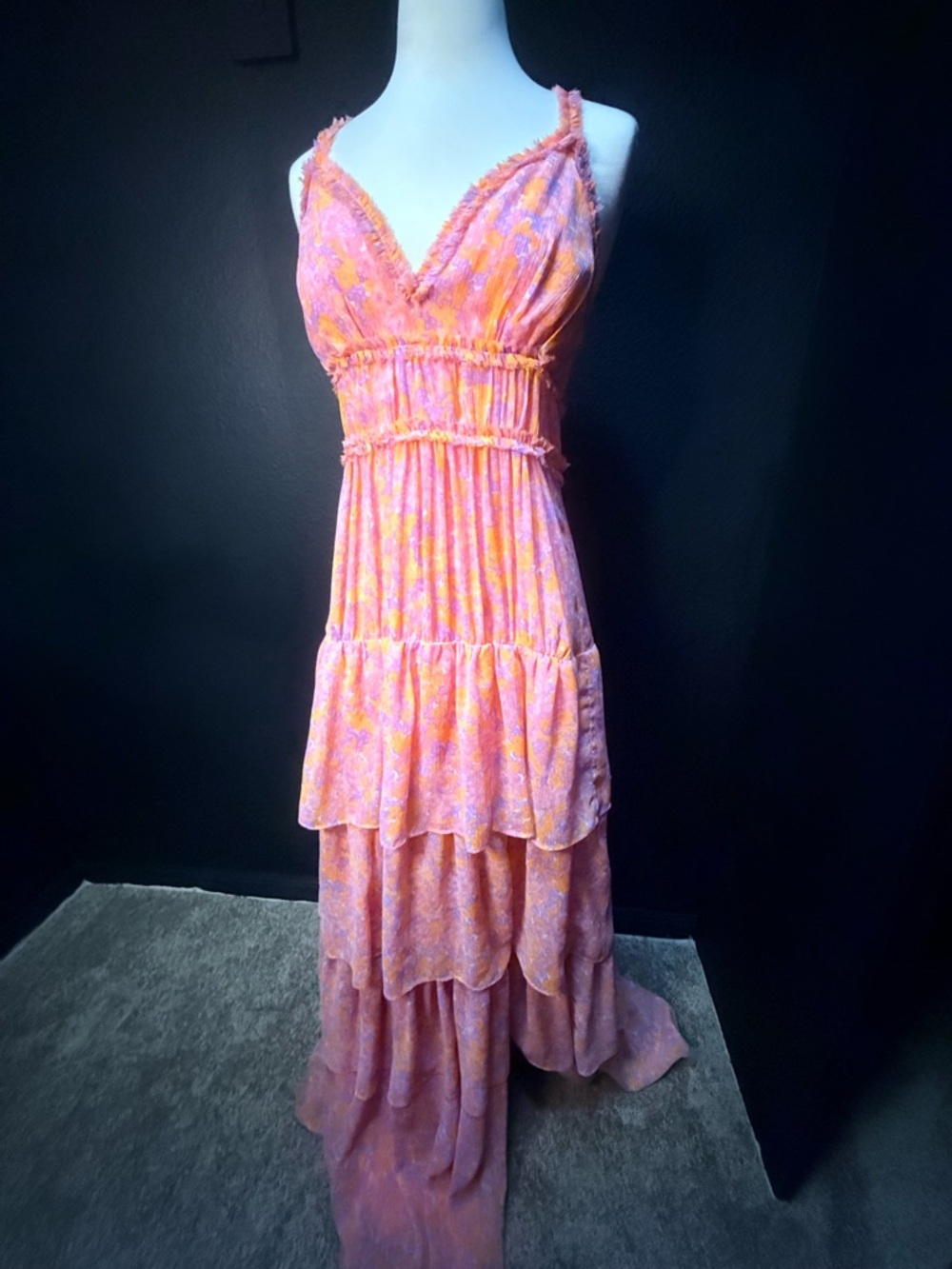 Likely Pink and Orange Tiered High-Low Maxi Dress